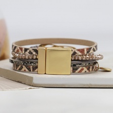 Printed Leather Bracelet with Golden Linked Double Ellipse by Peace of Mind